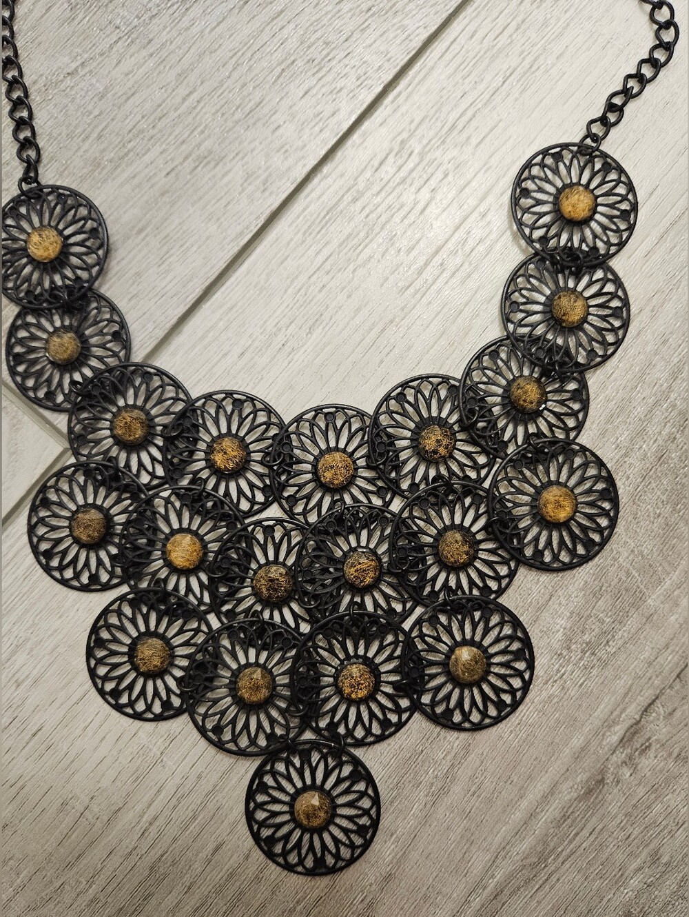 Black Metal Lace Filigree Bib Necklace Geometric Medallion Dangle Rhinestones